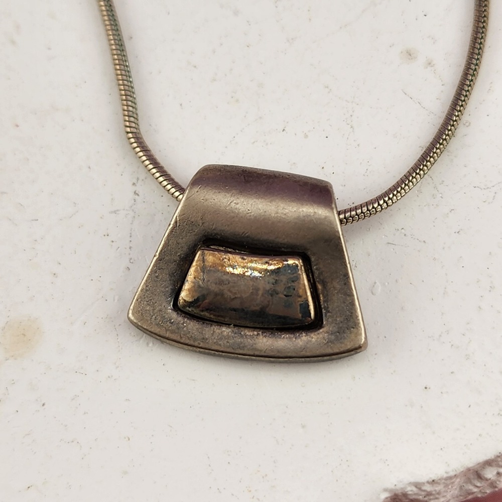 Mixed Metal Geometric Pendant Necklace Silver & Bronze Tone Snake Chain Modern